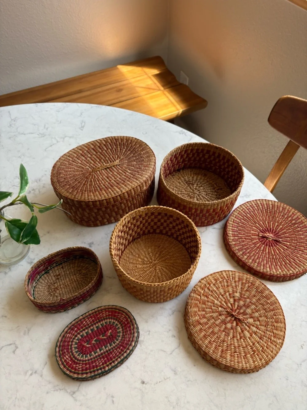 Set of 4 Vintage Boho Chic Sweetgrass Round Storage Baskets